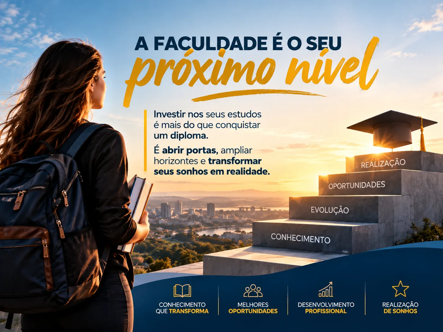 Mulher com mochila e livros observando uma cidade ao pôr do sol, inspirando-se para enfrentar desafios.