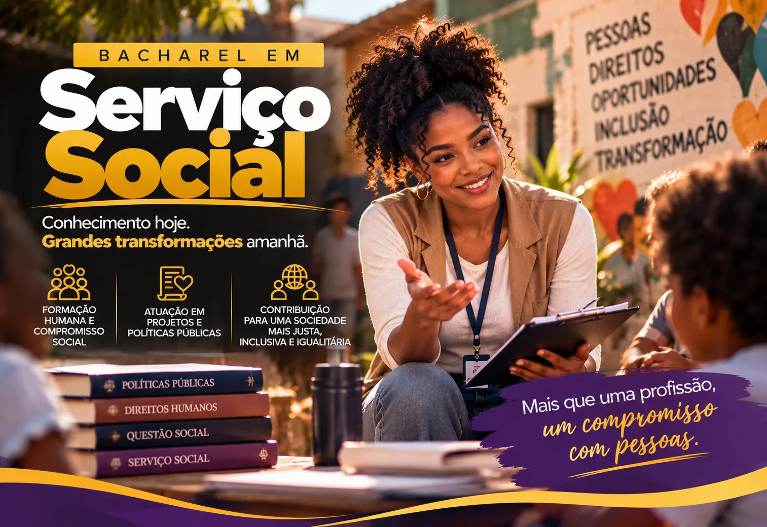 Imagem do curso de Bacharelado em Serviço Social, com ênfase na formação e compromisso social.